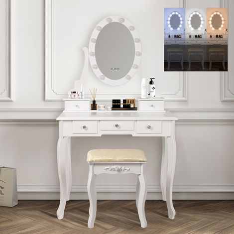 ML-Design Tocador clásico con Taburete y Luces LED Espejo 5 Cajónes de Almacenamiento 80x129x40 cm Blanco Fabricado en Madera MDF Mesa de Peluquería Cómoda Retoques de Maquillaje Gabinete Make Up (1/5)