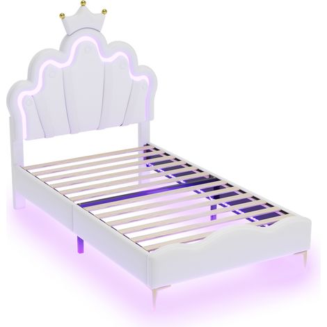 Letto contenitore 90 x 200 cm bianco con testiera a corona, rivestimento in PU e LED (1/5)