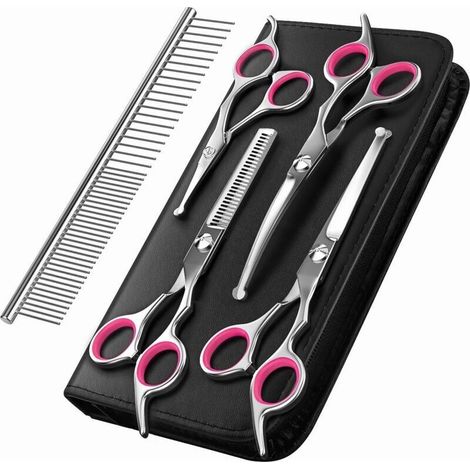 Ciseaux de toilettage pour chiens, ensemble de 5 outils de toilettage pour animaux de compagnie en acier inoxydable revêtu de titane, ciseaux à effiler/droits/courbés et peigne – Rose (1/3)