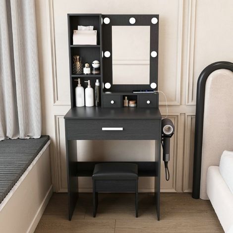 VVBV Coiffeuse avec miroir, éclairage LED réglable, prise intégrée, tabouret rembourré inclus, tiroirs de rangement (1/5)