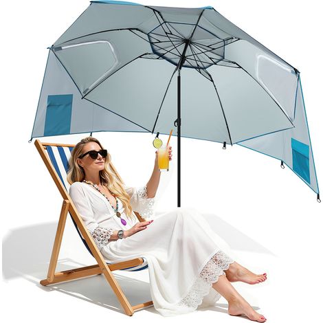 TolleTour Strandschirm 210 cm Sonnenschirm mit UV Schutz 50+, neigbar mit Erdspieß und Tragetasche, wasserabweisender Gartenschirm für Strand, Garten & Balkon – Himmelblau mit Spiral-Erdspieß