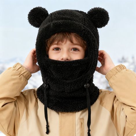 Cagoule enfant - Bonnet d'hiver - Masque de ski - Joli bonnet d'hiver avec cache-cou intégré - Coupe-vent, chaud et ajustable - Convient aux garçons et aux filles - Noir (1/3)