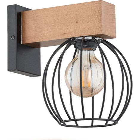 Alfa ARIZAN Modern Wall Sconce Light, Black Metal Cage with Natural Wood Accent, 1xE27 Socket Max 15W, Dimmable, IP20 Indoor Wall Lamp for Hallway, Bedroom, Living Room