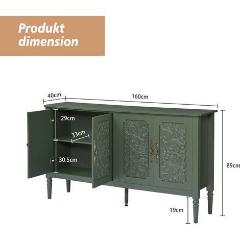Buffet orné de sculptures en relief antiques, offrant un grand espace de rangement et des angles arrondis – meuble de rangement classique pour salle à manger, salon et couloir (vert vintage) (1/4)