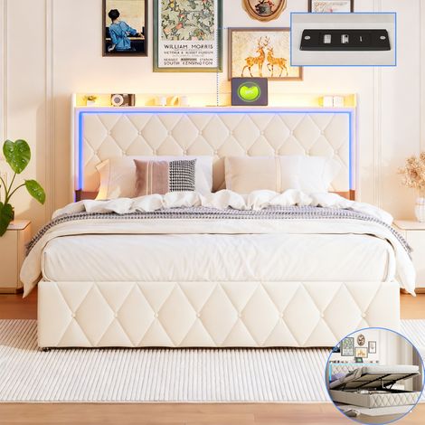 Lit rembourré 140x190 cm avec rangement hydraulique - Lit coffre avec LED réglable et multiprise USB Tpye C - 2 Personnes - Sommier à lattes - Velours - Beige (1/5)