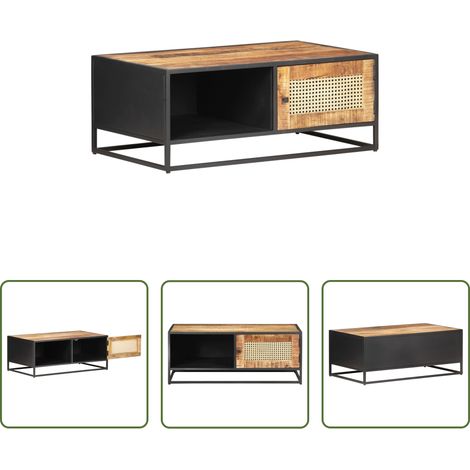 Bois massif manguier - Table basse 90x50x35cm Bois de manguier brut et canne naturelle (1/5)