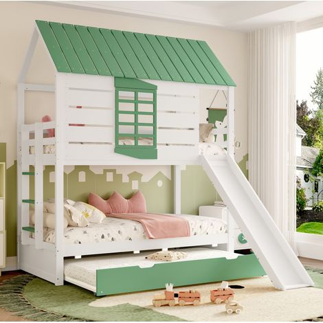 Lit mezzanine enfant 90x200 cm en MDF et pin, blanc et vert, avec toboggan, pour chambre – MEUBLIV (1/5)
