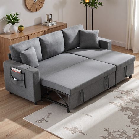 Seyakany Canapé convertible 3 places avec rangement,canapé d'angle en L,méridienne gauche/droite interchangeable,lin,Gris foncé (1/5)