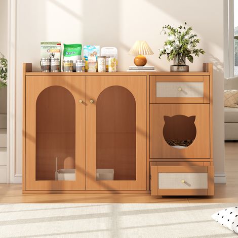Maison multifonction pour chat & meuble cache-litière – Meuble d’appoint adapté aux animaux avec gamelles, espace de repos et rangement (sans litière ni coussin), coloris noyer, 120×45×83 cm