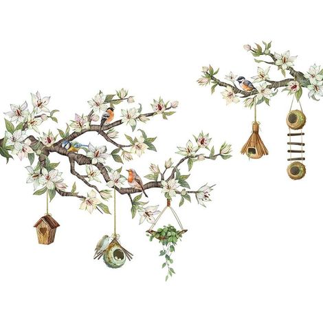 Bird on a flowering branch as a wall sticker, home accessory for living room, bedroom, multicolored ornament, window decoration (1/5)