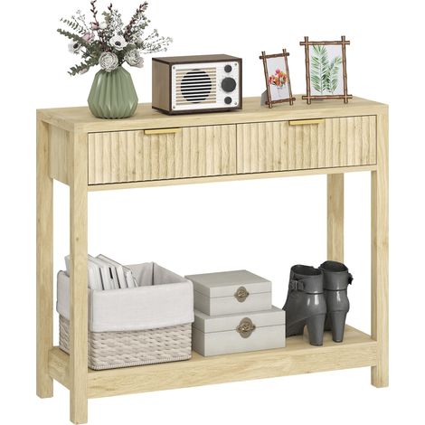 Console Meuble 90 cm, 2 Tiroirs Rainurés, Étagère Bois Naturel (1/5)