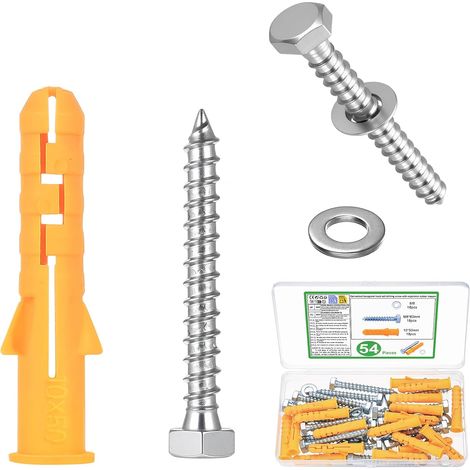18 SetScrews and Dowels Set, M10 x 50 mm Hollow Block Dowel with M8 x 60 mm Hex Screws, Wall Fixing Bolts and Self Tapping Screws for Hollow Drywall Concrete Plaster Plates (1/5)