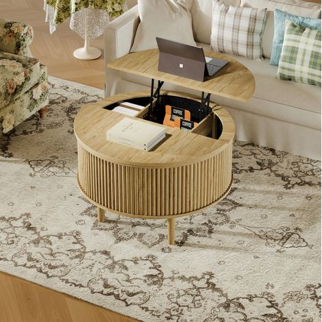 Table basse ronde 80x80x50 cm avec plateaux relevables hydrauliques et rangement, panneau de particules naturel (1/5)