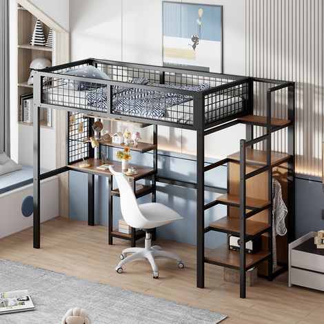 Cama altillo con escritorio, cama altillo infantil de 90x200 cm con armario, estructura de hierro, negro (1/5)