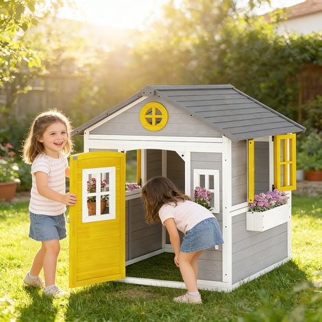 Cabane de Jardin en Bois pour Enfants de 3 à 8 Ans avec Fenêtres, Toit Incliné, Pots et Jardinières, Gris (1/5)