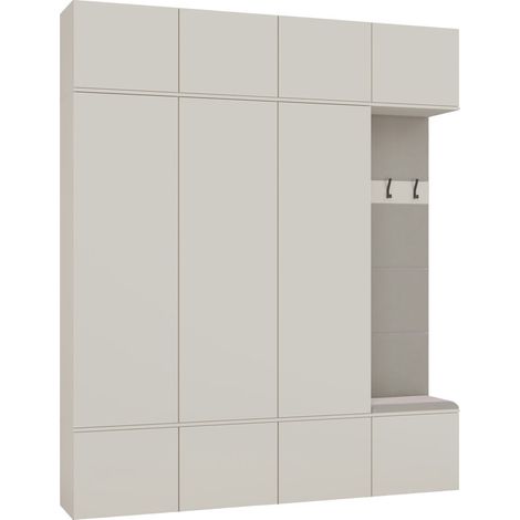Topeshop – Ensemble de meubles d'entrée 3 armoires et porte-manteau – Dimensions 200x35x238 cm – Tissu beige rembourré – Système TIP-ON