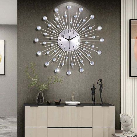 Riesige silberne Wanduhr mit Strasssteinen, geräuschlose Metall-Wanduhr, moderne Dekoration im nordischen Stil, kreatives Design für Wohnzimmer, Schlafzimmer, Bar, 56 cm (1/5)