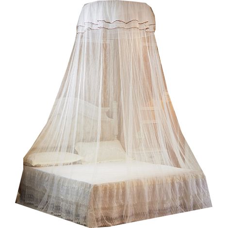 Moustiquaire de plafond en dôme (vente en gros), rehausseuse, en dentelle, style princesse, avec crochets adhésifs pour une installation facile, blanche. Diamètre supérieur : 65 cm, diamètre inférieur (1/4)