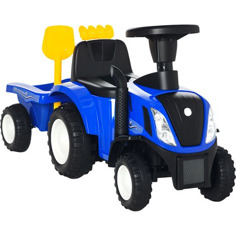 Tracteur électrique enfants avec coffre rangement pelle râteau phares LED bleu véhicule enfant jardin et aventure