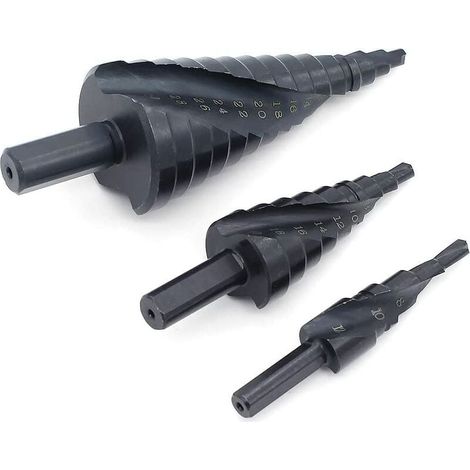 Juego de tres brocas escalonadas HSS nitruradas con ranuras en espiral para brocas escalonadas de nitruro negro (1/5)