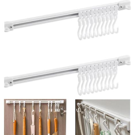 Lot de 2 crochets coulissants multifonctions blancs (40 cm/15,7 pouces), support mural adhésif pour cuisine, gain de place avec 10 crochets, sans perçage, idéal pour salle de bain, cuisine, chambre à (1/5)