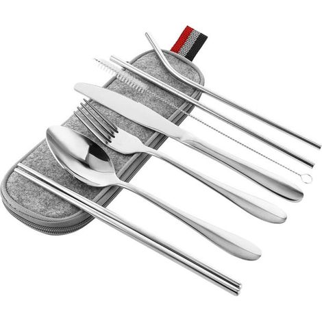 Couverts de camping 8 pièces, ensemble couverts portable adulte en acier inoxydable avec fourchette, couteau, cuillères, brosse, baguettes et sac de rangement (Argent) (1/5)