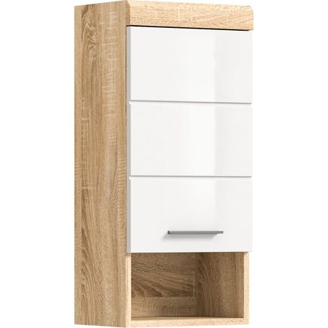 Mezza colonna da bagno LEWOTO - 1 porta e 1 nicchia - Bianco e rovere chiaro