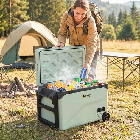 Contenitore termico a compressore da 42,5 litri, mini frigorifero elettrico silenzioso fino a -20℃, con Bluetooth, maniglia con ruote e supporto per telefono.