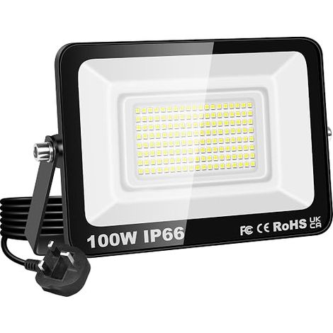 100 W Outdoor Floodlight, 10000 Lumens Security Floodlight with 230 V Socket, IP66 Waterproof Outdoor Work Light, 6000 K White Outdoor Lighting for Courtyard, Patio, Parking, Garden (1/5)