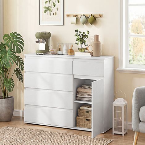 Buffet salon. meuble de rangement avec 5 tiroirs. étagère réglable et porte à fermeture douce. 100 x 40 x 80 cm. blanc