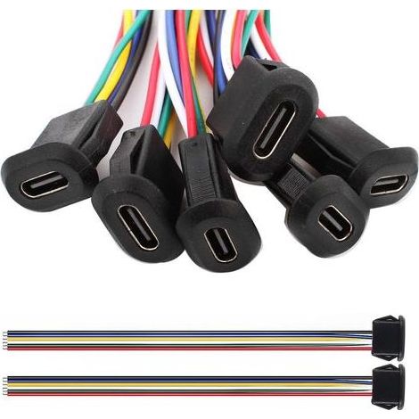6 Pièces connecteur USB C a souder prise femelle,USB C 6 Fils femelle connecteur panneau avec Boucle à Rainure à Pression,150mm 24 AWG, Noir