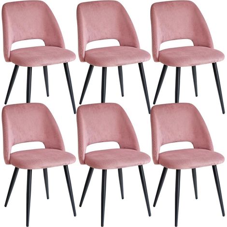 Lot de 6 chaises de salle à manger en velours côtelé rose, assise rembourrée, pieds métal (1/5)
