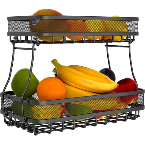 Panier de rangement de fruits à 2 niveaux, organisateur de comptoir de cuisine avec bol en treillis métallique en acier au carbone audacieux pour pain, légumes, panier de fruits détachable (1/5)