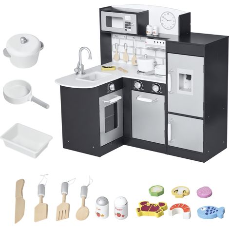 Cuisine jouet bois, argenté marron, réfrigérateur micro-ondes, évier enfants, âge 3+ ans, 86x64x84,5cm 14 accessoires, four (1/5)