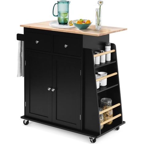 COSTWAY Isla de Cocina con Estante Lateral, Carro de Cocina, 2 Cajones y 2 Puertas, Estante Ajustable, Toallero, Carrito de Servicio de Cocina, 88 x 46 x 89,5 cm (Negro) (1/5)