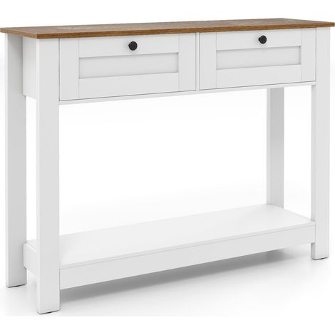Consola de madera con 2 cajones y estantes, color blanco (1/5)