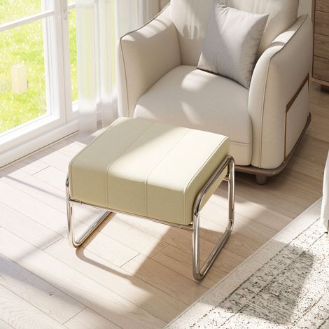 Fußhocker Sitzhocker Dick Gepolstert Hocker mit Chenille-Stoff Stahlbeinen für Schlafzimmer, Beige