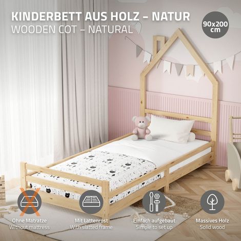 ML-Design Kinderbett Haus 90x200 cm Natur, Hausbett für Kinder, Holzbett mit Lattenrost, Schornstein Design, Jugendbett aus massivem Kiefernholz, Bettgestell für Jungen & Mädchen, Einzelbett Spielbett