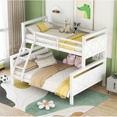Etagenbett modern 90x200 / 140x200 cm aus Holz in Weiß, teilbar in 2 Betten, mit schräger Leiter, Sicherheitsgeländer und Lattenrost (1/5)