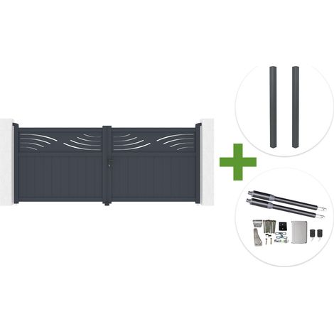 Portail battant HALTI 3.4m H.140cm aluminium gris + 2 poteaux ELDA 15x15cm + motorisation Ranger B150 (1/5)