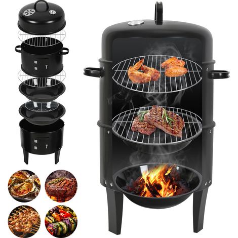 Jiubiaz 3 en 1 Barbecue Fumoir Charbon de Bois Multifonctions BBQ avec Thermomètre, Réglage d'air, Bac à eau, 3 chambres 40 x 80 cm (1/5)