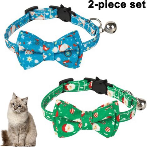 Lot de 2 colliers pour chat, ouverture rapide, nœud papillon, clochette amovible, fête de Noël (1/5)