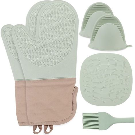 Heat Resistant Silicone Oven Gloves - 6-Piece Silicone Kitchen Gloves, Anti-Heat for BBQ Cooking (Mint Green) (1/5)