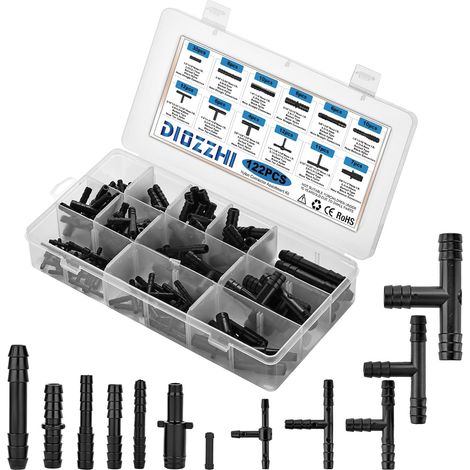 Assortiment de 122 raccords d'aspirateur barbelés pour automobile, 12 tailles, y compris en T en nylon et connecteurs réducteurs pour remplacer le tuyau d'aspiration, noir (1/5)