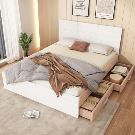 Cama doble con cajones y somier madera blanco roble OKMYHOME (1/5)