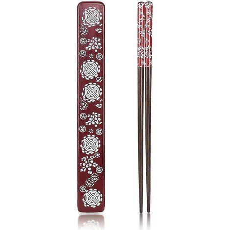 1 paire de baguettes réutilisables en bois naturel avec étui, portables et compatibles lave-vaisselle (rouge) (1/5)