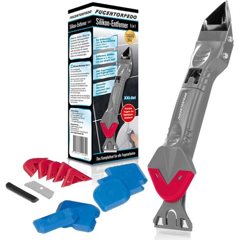 FUGENTORPEDO® Rimozione in silicone 5 in 1 per rimuovere vecchi e trattare nuovi giunti in silicone e acrilico Rimozione e levigatura con un solo strumento per 28 diversi giunti (1/4)