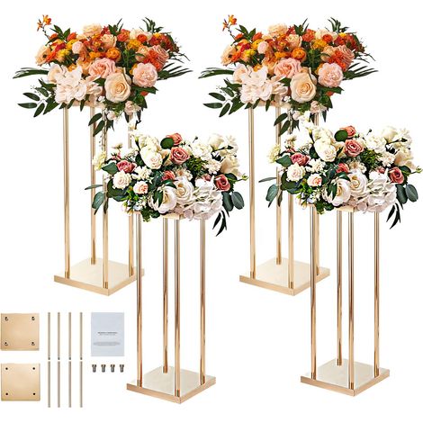 Présentoir à fleurs cylindrique en métal doré (4 pièces), hauteur 80 cm (31,5 pouces), finition laminée, avec vases et centres de table géométriques. Idéal pour les réceptions et les allées de fête. (1/5)