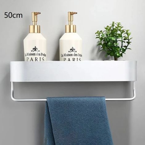 Étagère de salle de bain nordique (50 cm, finition mate, avec tige) - Fixation murale sans perçage - Porte-serviettes de bain - Panier de rangement noir pour douche - Accessoires de salle de bain (1/5)