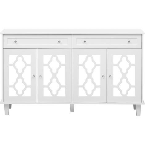Buffet blanc avec 4 portes miroir, 2 tiroirs, étagères réglables et poignées cristal (1/5)